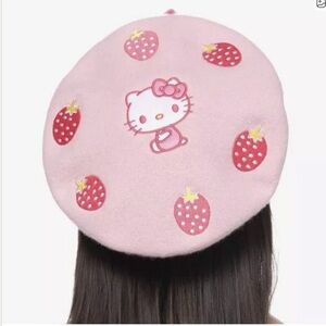 Sanrio Hello Kitty Pink Beret Hat with Bow and Strawberries